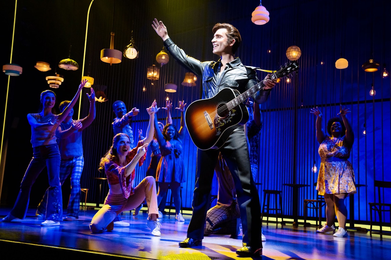 Nick Fradiani as ‘Neil Diamond – Then’ and The Noise singing “Cracklin’ Rosie” in A BEAUTIFUL NOISE, THE NEIL DIAMOND MUSICAL